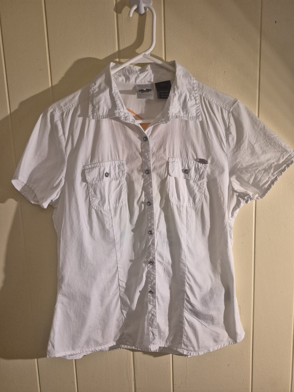 Harley-Davidson Women M White Short Sleeve Button Up Shirt Pastel Graphic Back